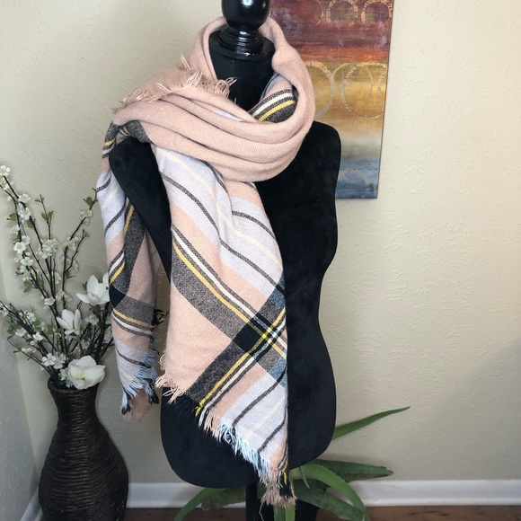 Plaid Blanket Wrap Scarf Tan White Blue Blk Yellow - Picture 3 of 7